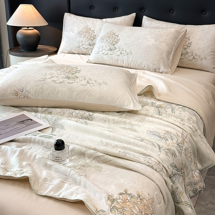 91家纺网 家纺一手货源 找家纺 慕晨 2025新款莱赛尔天丝数码印花四件套莱赛尔夏被四件套天丝夏凉被直播热款夏被被子被芯 诺森 香槟