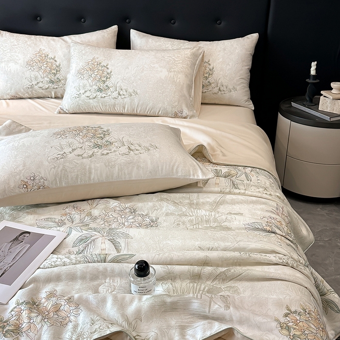 91家纺网 家纺一手货源 找家纺 慕晨 2025新款莱赛尔天丝数码印花四件套莱赛尔夏被四件套天丝夏凉被直播热款夏被被子被芯 诺森 香槟