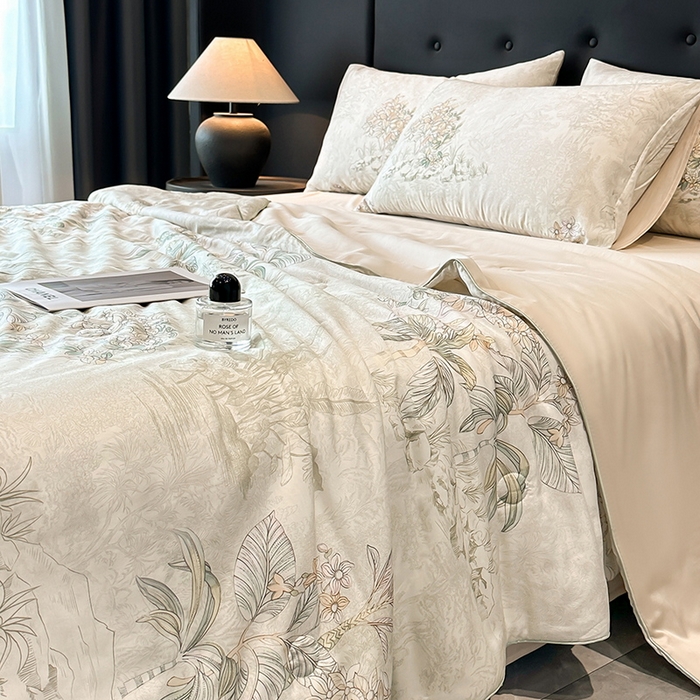 91家纺网 家纺一手货源 找家纺 慕晨 2025新款莱赛尔天丝数码印花四件套莱赛尔夏被四件套天丝夏凉被直播热款夏被被子被芯 诺森 香槟