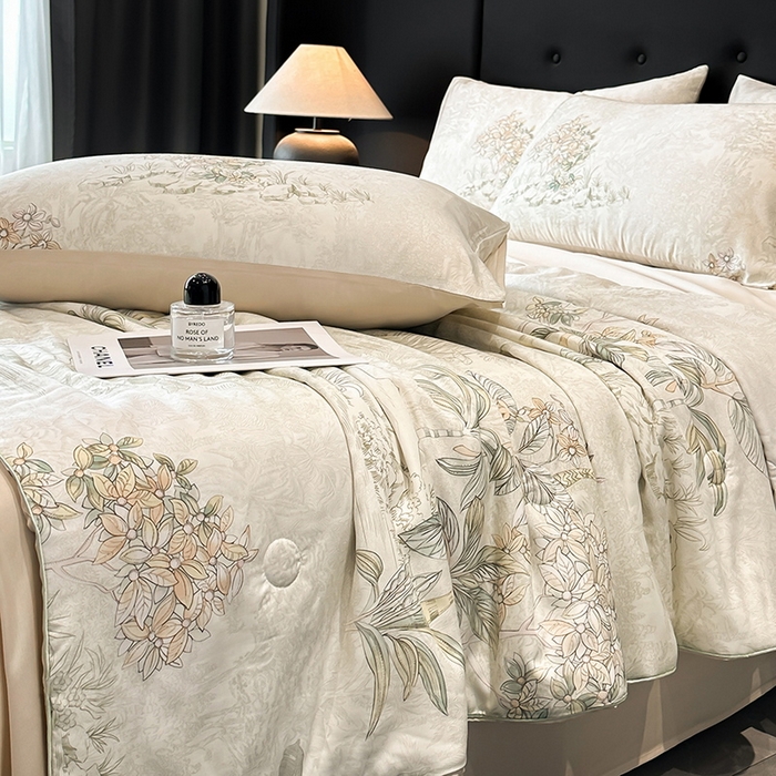 91家纺网 家纺一手货源 找家纺 慕晨 2025新款莱赛尔天丝数码印花四件套莱赛尔夏被四件套天丝夏凉被直播热款夏被被子被芯 诺森 香槟