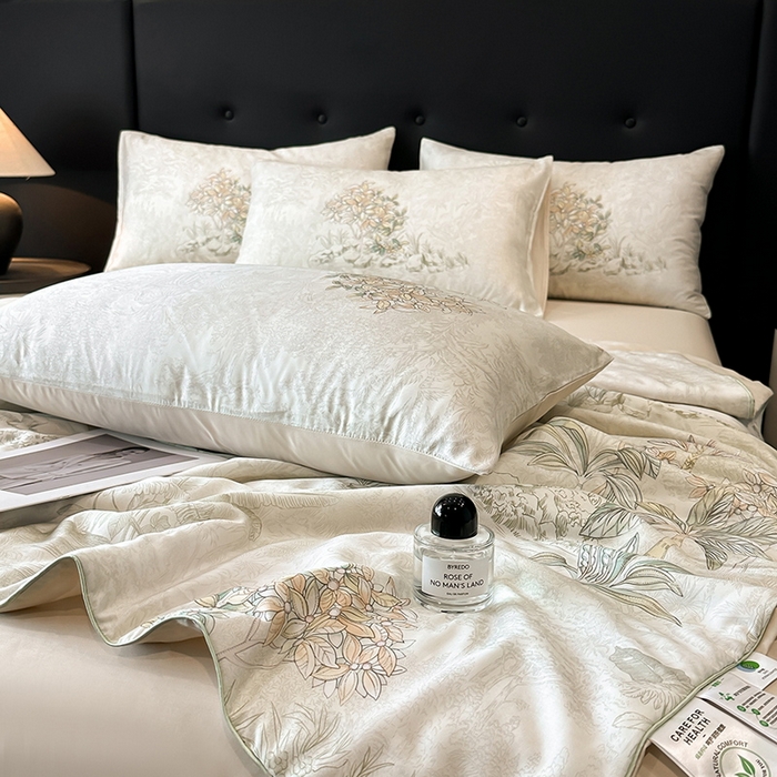 91家纺网 家纺一手货源 找家纺 慕晨 2025新款莱赛尔天丝数码印花四件套莱赛尔夏被四件套天丝夏凉被直播热款夏被被子被芯 诺森 香槟