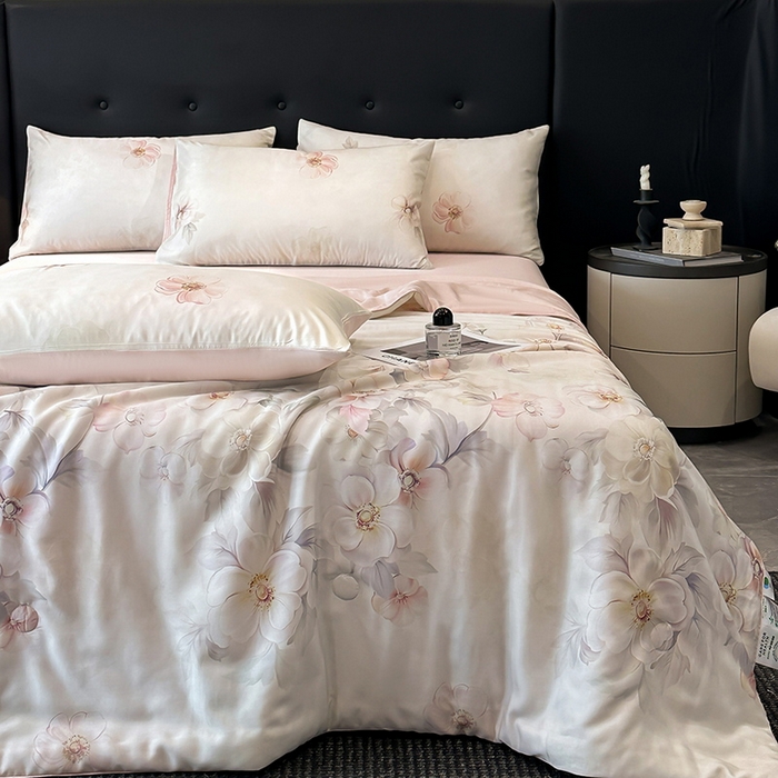 91家纺网 家纺一手货源 找家纺 慕晨 2025新款莱赛尔天丝数码印花四件套莱赛尔夏被四件套天丝夏凉被直播热款夏被被子被芯 栖然 粉