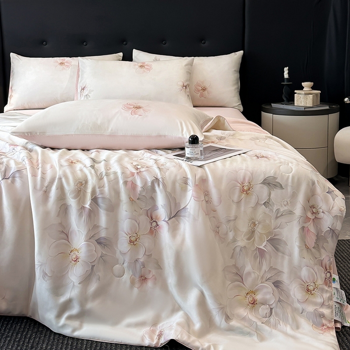 91家纺网 家纺一手货源 找家纺 慕晨 2025新款莱赛尔天丝数码印花四件套莱赛尔夏被四件套天丝夏凉被直播热款夏被被子被芯 栖然 粉