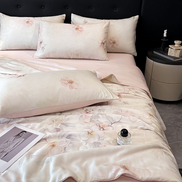 91家纺网 家纺一手货源 找家纺 慕晨 2025新款莱赛尔天丝数码印花四件套莱赛尔夏被四件套天丝夏凉被直播热款夏被被子被芯 栖然 粉