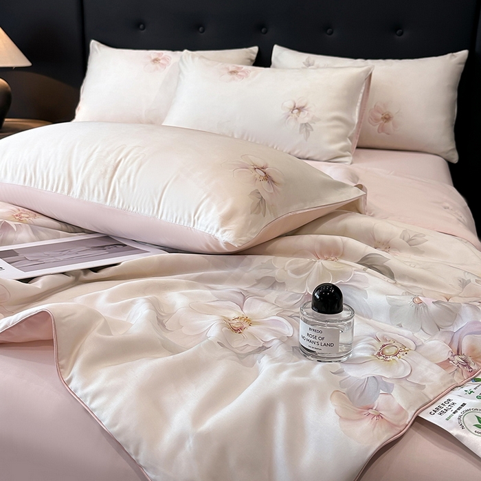 91家纺网 家纺一手货源 找家纺 慕晨 2025新款莱赛尔天丝数码印花四件套莱赛尔夏被四件套天丝夏凉被直播热款夏被被子被芯 栖然 粉