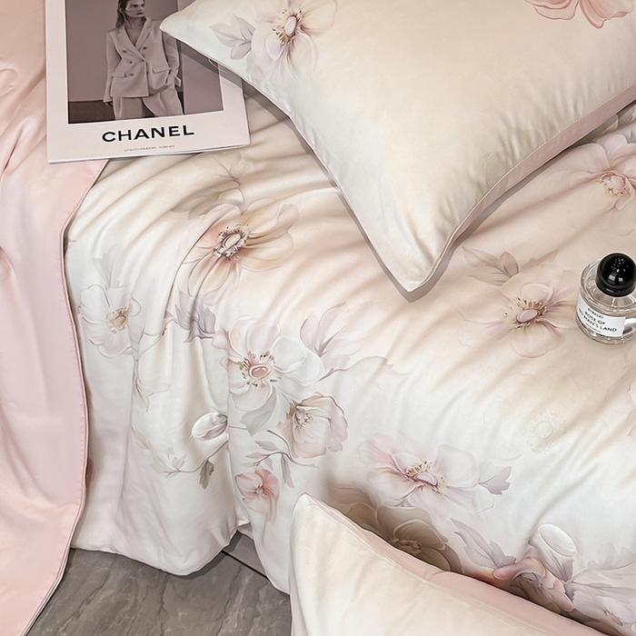 91家纺网 家纺一手货源 找家纺 慕晨 2025新款莱赛尔天丝数码印花四件套莱赛尔夏被四件套天丝夏凉被直播热款夏被被子被芯 栖然 粉