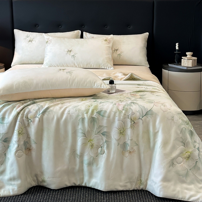 91家纺网 家纺一手货源 找家纺 慕晨 2025新款莱赛尔天丝数码印花四件套莱赛尔夏被四件套天丝夏凉被直播热款夏被被子被芯 栖然 绿