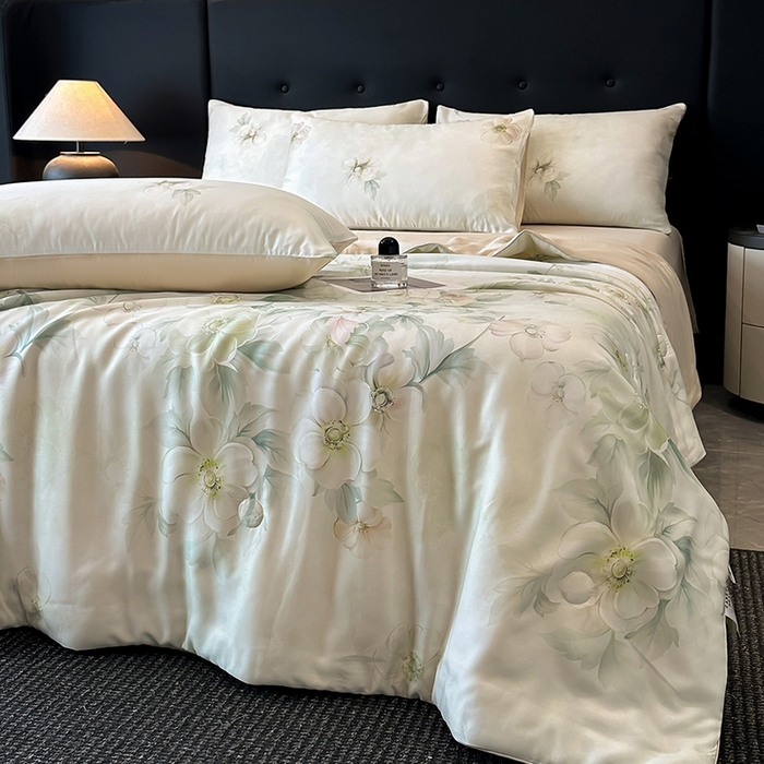 91家纺网 家纺一手货源 找家纺 慕晨 2025新款莱赛尔天丝数码印花四件套莱赛尔夏被四件套天丝夏凉被直播热款夏被被子被芯 栖然 绿