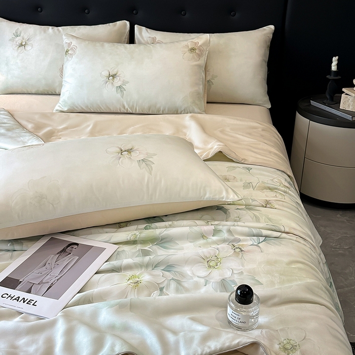 91家纺网 家纺一手货源 找家纺 慕晨 2025新款莱赛尔天丝数码印花四件套莱赛尔夏被四件套天丝夏凉被直播热款夏被被子被芯 栖然 绿