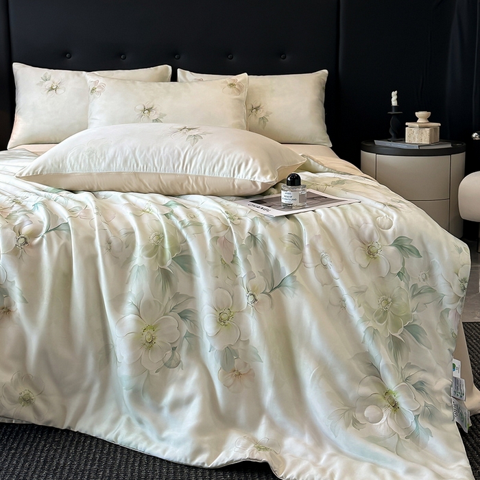 91家纺网 家纺一手货源 找家纺 慕晨 2025新款莱赛尔天丝数码印花四件套莱赛尔夏被四件套天丝夏凉被直播热款夏被被子被芯 栖然 绿