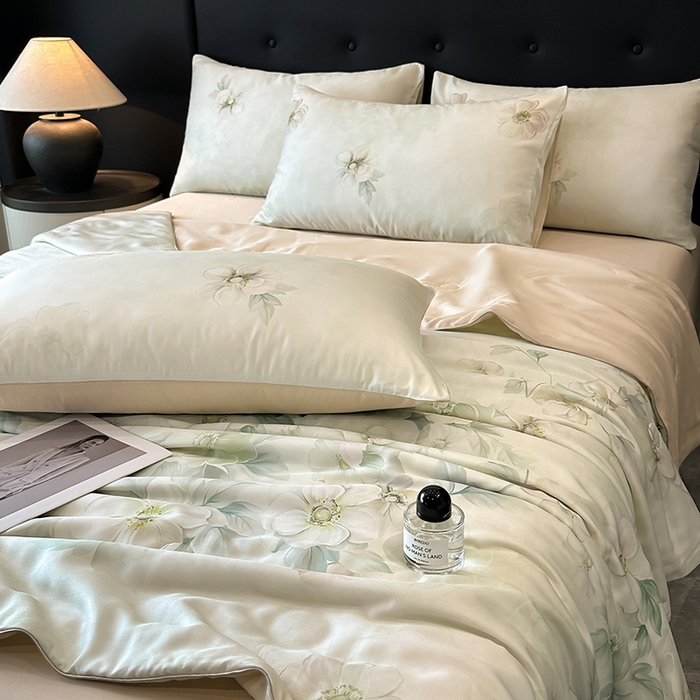 91家纺网 家纺一手货源 找家纺 慕晨 2025新款莱赛尔天丝数码印花四件套莱赛尔夏被四件套天丝夏凉被直播热款夏被被子被芯 栖然 绿