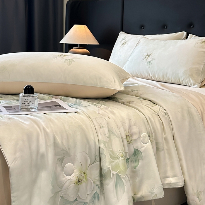 91家纺网 家纺一手货源 找家纺 慕晨 2025新款莱赛尔天丝数码印花四件套莱赛尔夏被四件套天丝夏凉被直播热款夏被被子被芯 栖然 绿