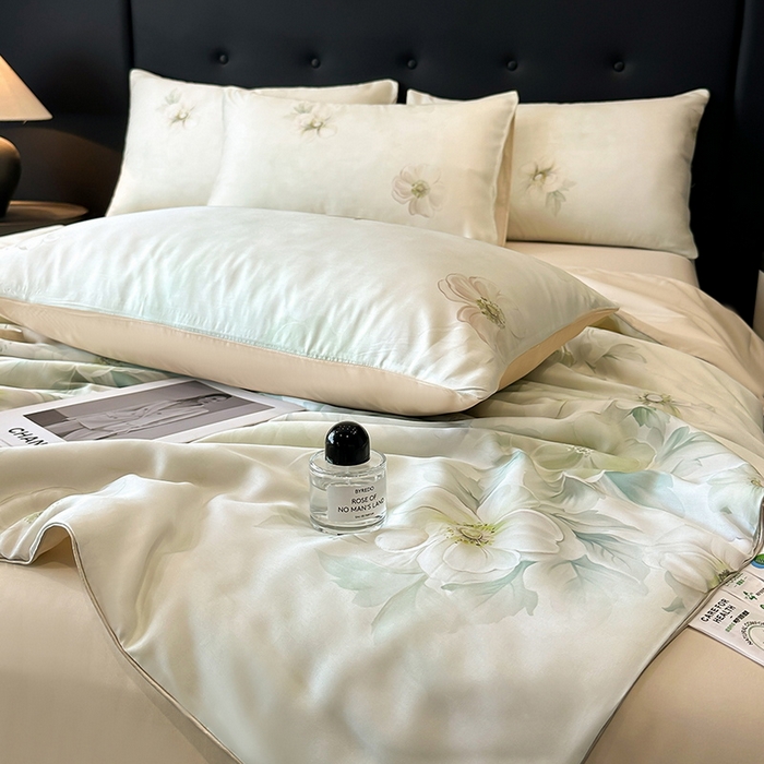 91家纺网 家纺一手货源 找家纺 慕晨 2025新款莱赛尔天丝数码印花四件套莱赛尔夏被四件套天丝夏凉被直播热款夏被被子被芯 栖然 绿