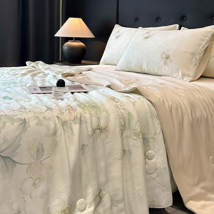 91家纺网 家纺一手货源 找家纺 慕晨 2025新款莱赛尔天丝数码印花四件套莱赛尔夏被四件套天丝夏凉被直播热款夏被被子被芯 栖然 绿