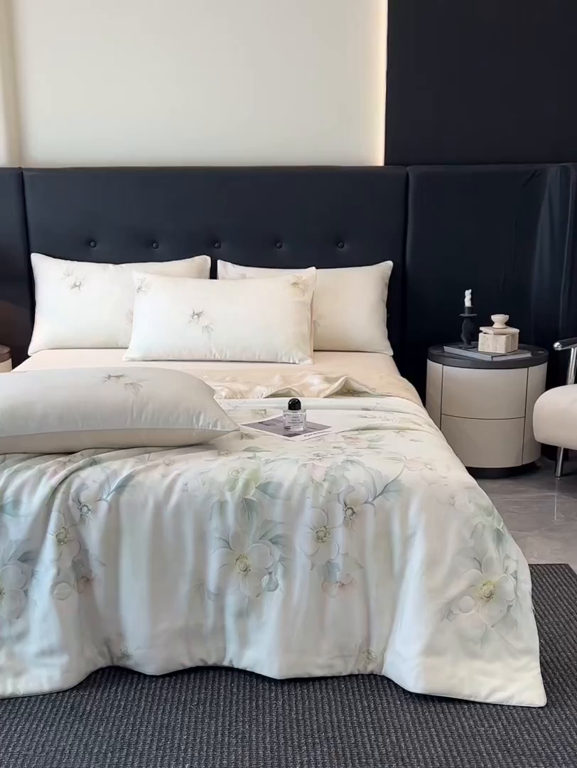 91家纺网 家纺一手货源 找家纺 慕晨 2025新款莱赛尔天丝数码印花四件套莱赛尔夏被四件套天丝夏凉被直播热款夏被被子被芯 栖然 绿