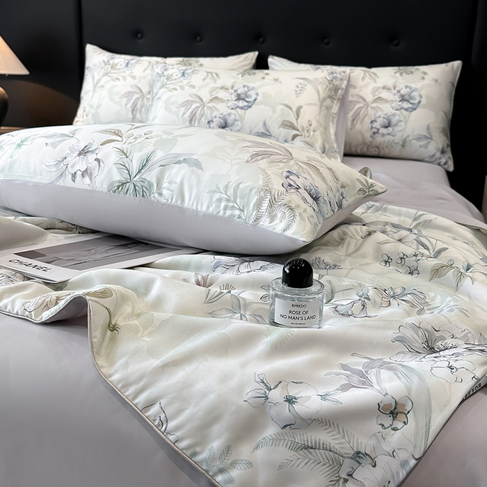 91家纺网 家纺一手货源 找家纺 慕晨 2025新款莱赛尔天丝数码印花四件套莱赛尔夏被四件套天丝夏凉被直播热款夏被被子被芯 寻光 浅绿