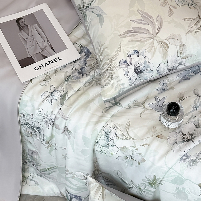 91家纺网 家纺一手货源 找家纺 慕晨 2025新款莱赛尔天丝数码印花四件套莱赛尔夏被四件套天丝夏凉被直播热款夏被被子被芯 寻光 浅绿