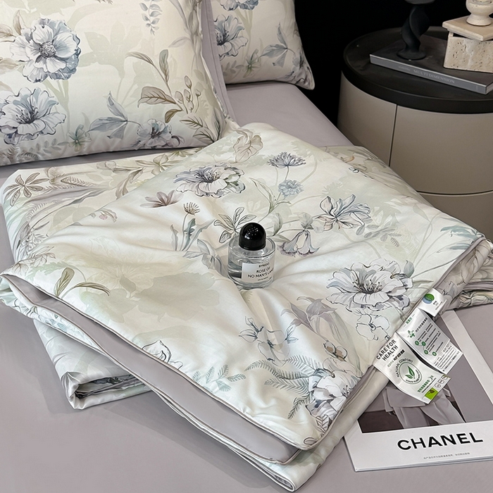 91家纺网 家纺一手货源 找家纺 慕晨 2025新款莱赛尔天丝数码印花四件套莱赛尔夏被四件套天丝夏凉被直播热款夏被被子被芯 寻光 浅绿