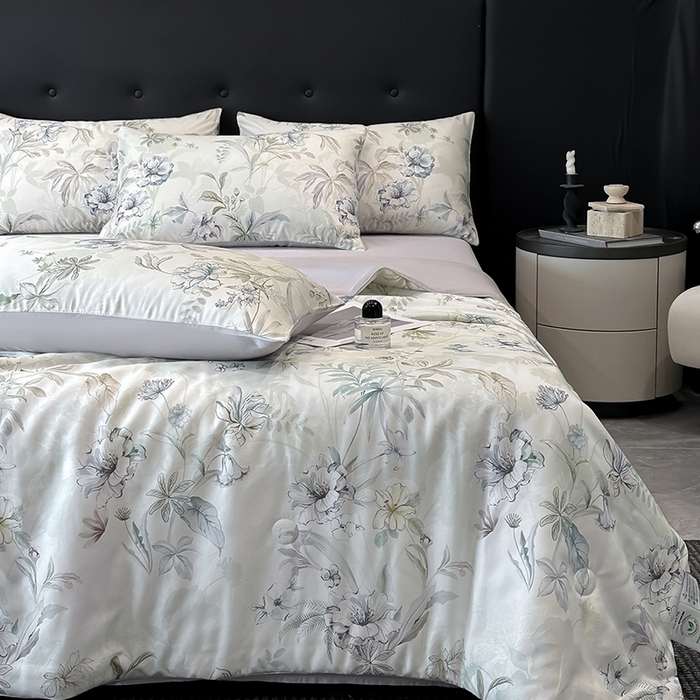 91家纺网 家纺一手货源 找家纺 慕晨 2025新款莱赛尔天丝数码印花四件套莱赛尔夏被四件套天丝夏凉被直播热款夏被被子被芯 寻光 浅绿