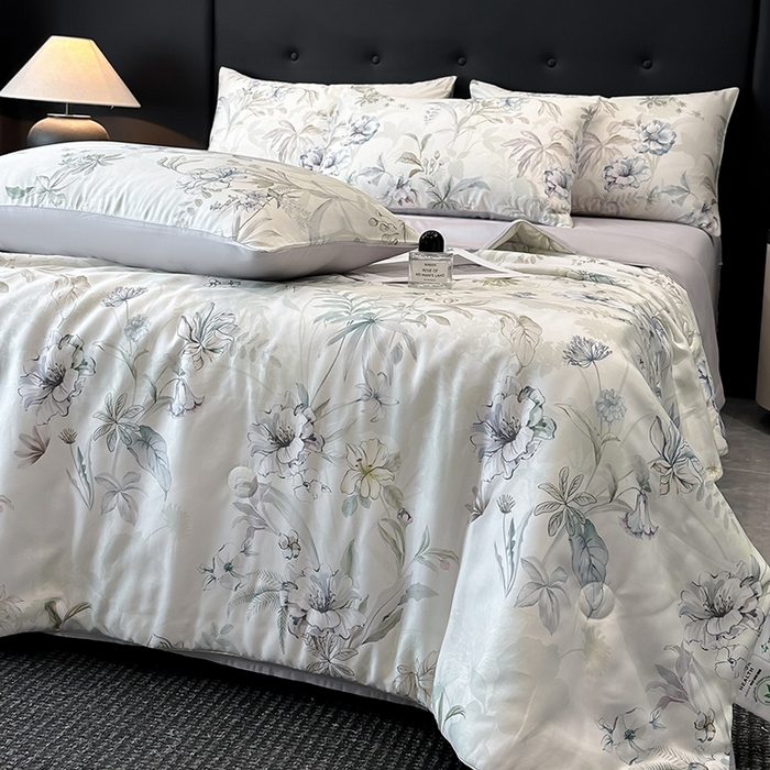 91家纺网 家纺一手货源 找家纺 慕晨 2025新款莱赛尔天丝数码印花四件套莱赛尔夏被四件套天丝夏凉被直播热款夏被被子被芯 寻光 浅绿