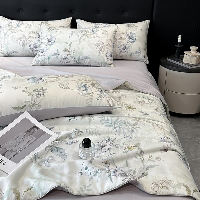 91家纺网 家纺一手货源 找家纺 慕晨 2025新款莱赛尔天丝数码印花四件套莱赛尔夏被四件套天丝夏凉被直播热款夏被被子被芯 寻光 浅绿