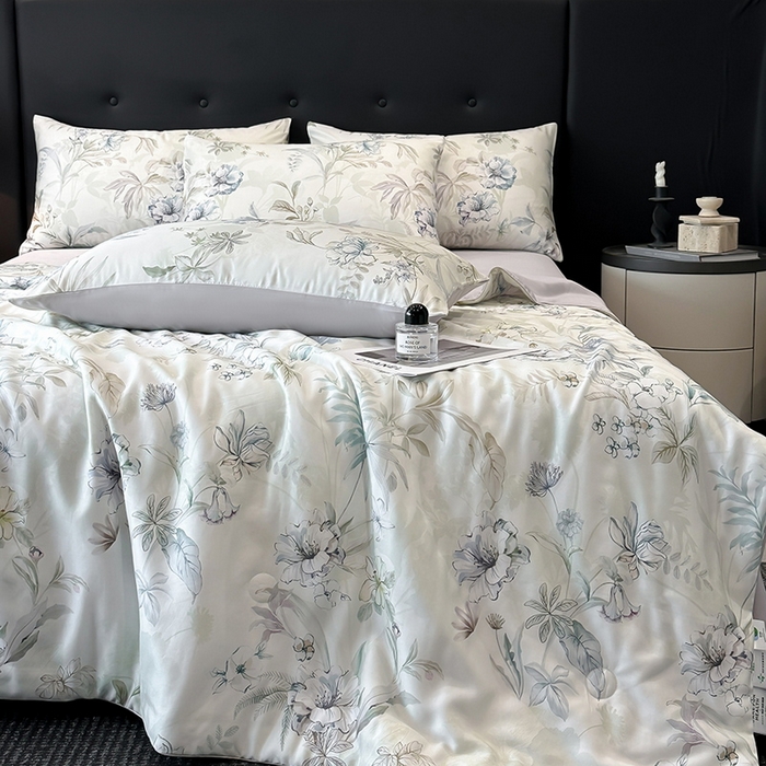 91家纺网 家纺一手货源 找家纺 慕晨 2025新款莱赛尔天丝数码印花四件套莱赛尔夏被四件套天丝夏凉被直播热款夏被被子被芯 寻光 浅绿