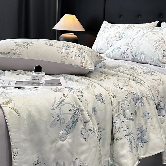 91家纺网 家纺一手货源 找家纺 慕晨 2025新款莱赛尔天丝数码印花四件套莱赛尔夏被四件套天丝夏凉被直播热款夏被被子被芯 寻光 浅绿