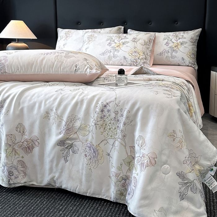 91家纺网 家纺一手货源 找家纺 慕晨 2025新款莱赛尔天丝数码印花四件套莱赛尔夏被四件套天丝夏凉被直播热款夏被被子被芯 韵眠 粉