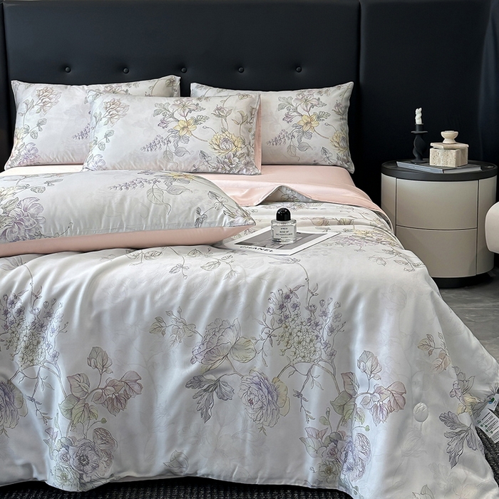 91家纺网 家纺一手货源 找家纺 慕晨 2025新款莱赛尔天丝数码印花四件套莱赛尔夏被四件套天丝夏凉被直播热款夏被被子被芯 韵眠 粉