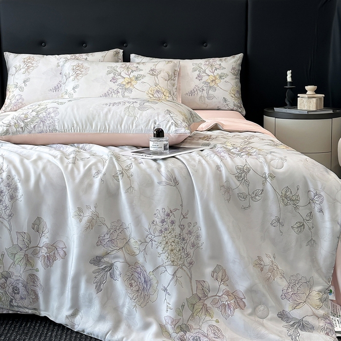 91家纺网 家纺一手货源 找家纺 慕晨 2025新款莱赛尔天丝数码印花四件套莱赛尔夏被四件套天丝夏凉被直播热款夏被被子被芯 韵眠 粉