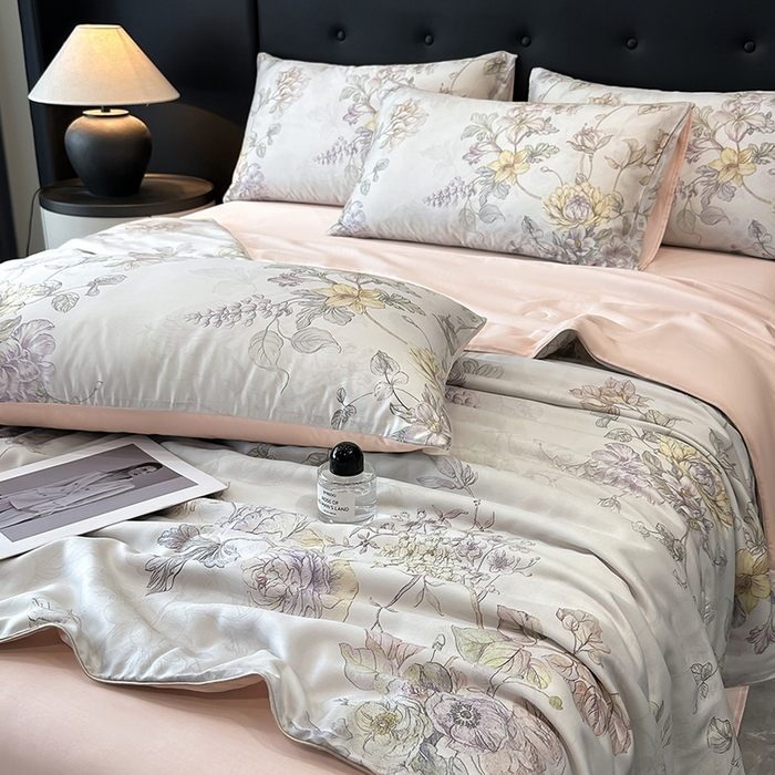 91家纺网 家纺一手货源 找家纺 慕晨 2025新款莱赛尔天丝数码印花四件套莱赛尔夏被四件套天丝夏凉被直播热款夏被被子被芯 韵眠 粉