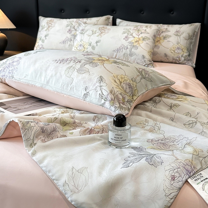 91家纺网 家纺一手货源 找家纺 慕晨 2025新款莱赛尔天丝数码印花四件套莱赛尔夏被四件套天丝夏凉被直播热款夏被被子被芯 韵眠 粉