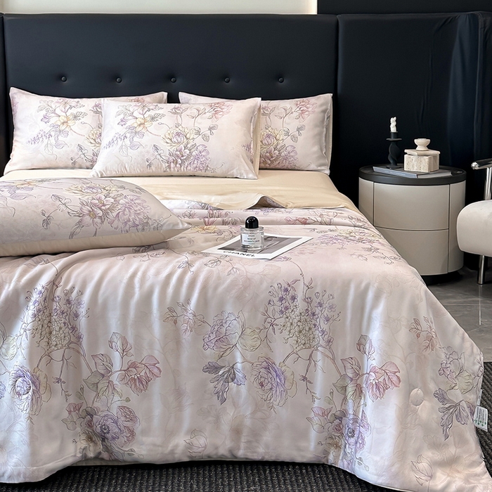 91家纺网 家纺一手货源 找家纺 慕晨 2025新款莱赛尔天丝数码印花四件套莱赛尔夏被四件套天丝夏凉被直播热款夏被被子被芯 韵眠 玉