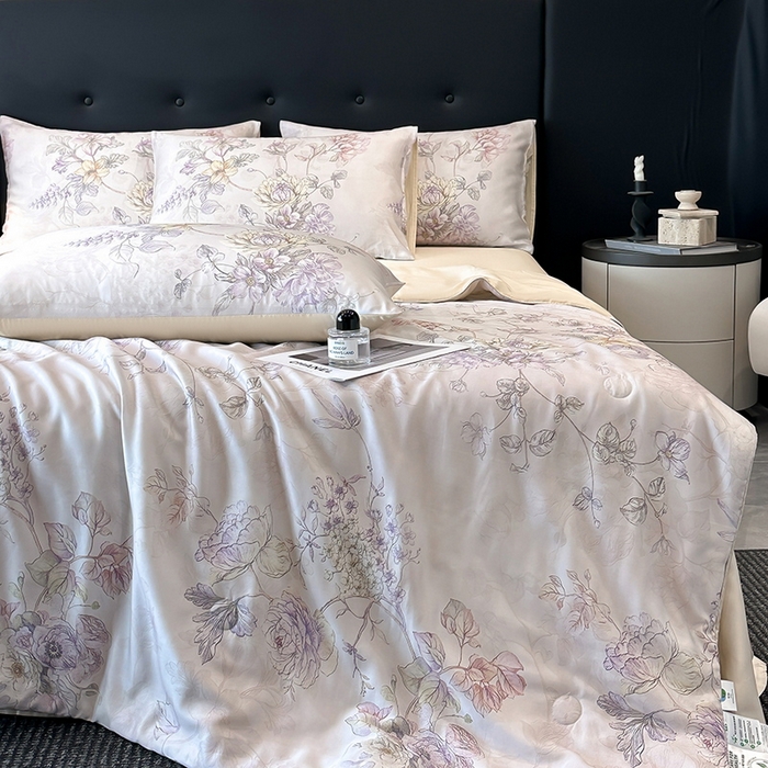 91家纺网 家纺一手货源 找家纺 慕晨 2025新款莱赛尔天丝数码印花四件套莱赛尔夏被四件套天丝夏凉被直播热款夏被被子被芯 韵眠 玉