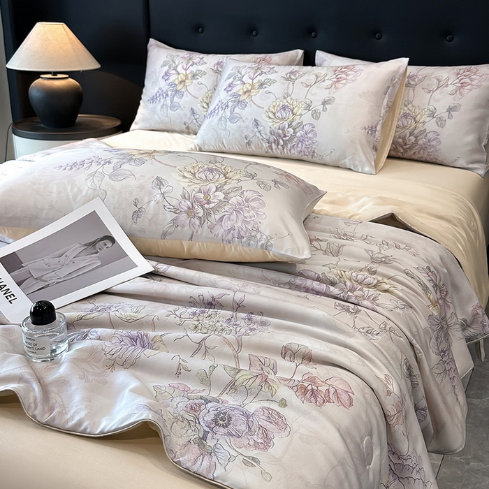 91家纺网 家纺一手货源 找家纺 慕晨 2025新款莱赛尔天丝数码印花四件套莱赛尔夏被四件套天丝夏凉被直播热款夏被被子被芯 韵眠 玉