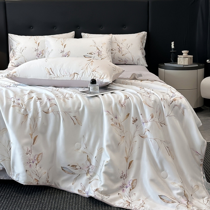 91家纺网 家纺一手货源 找家纺 慕晨 2025新款莱赛尔天丝数码印花四件套莱赛尔夏被四件套天丝夏凉被直播热款夏被被子被芯 枝雅