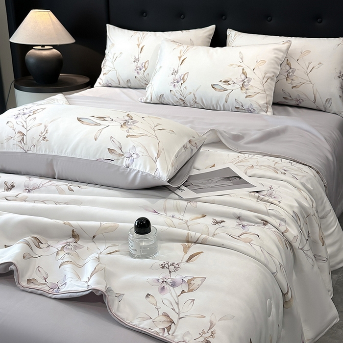 91家纺网 家纺一手货源 找家纺 慕晨 2025新款莱赛尔天丝数码印花四件套莱赛尔夏被四件套天丝夏凉被直播热款夏被被子被芯 枝雅