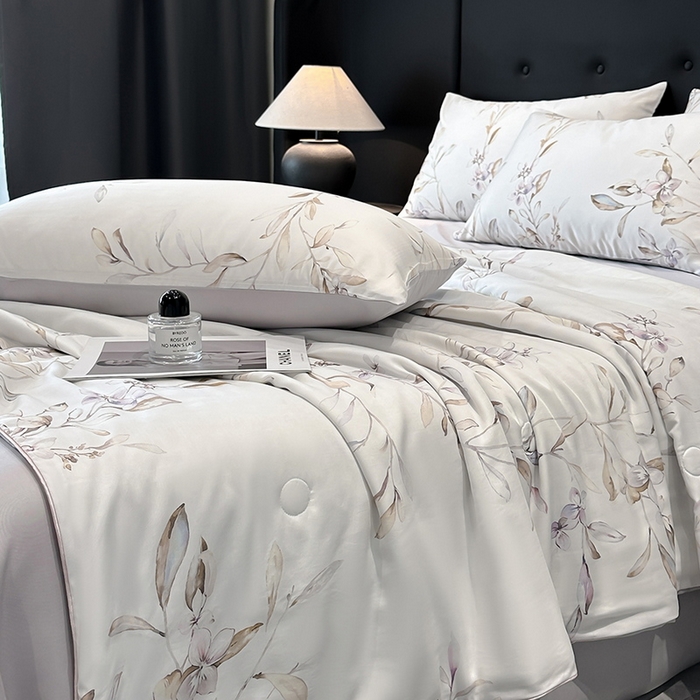 91家纺网 家纺一手货源 找家纺 慕晨 2025新款莱赛尔天丝数码印花四件套莱赛尔夏被四件套天丝夏凉被直播热款夏被被子被芯 枝雅