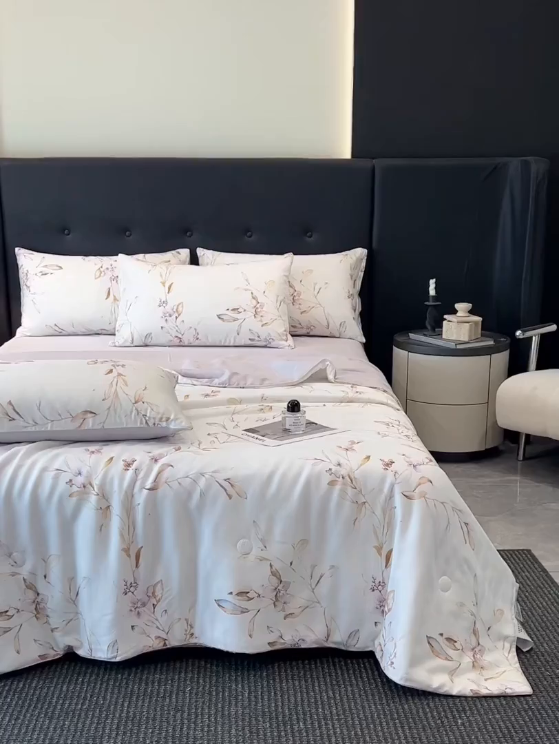 91家纺网 家纺一手货源 找家纺 慕晨 2025新款莱赛尔天丝数码印花四件套莱赛尔夏被四件套天丝夏凉被直播热款夏被被子被芯 枝雅