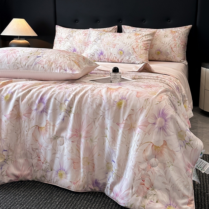 91家纺网 家纺一手货源 找家纺 慕晨 2025新款莱赛尔天丝数码印花四件套莱赛尔夏被四件套天丝夏凉被直播热款夏被被子被芯 芷韵  粉