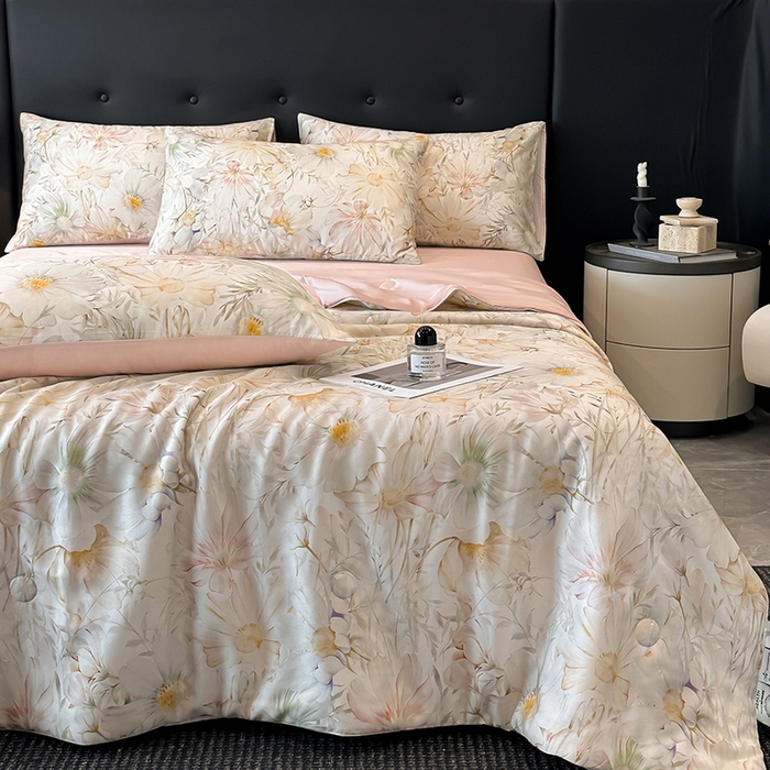 91家纺网 家纺一手货源 找家纺 慕晨 2025新款莱赛尔天丝数码印花四件套莱赛尔夏被四件套天丝夏凉被直播热款夏被被子被芯 芷韵 玉