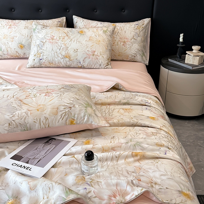 91家纺网 家纺一手货源 找家纺 慕晨 2025新款莱赛尔天丝数码印花四件套莱赛尔夏被四件套天丝夏凉被直播热款夏被被子被芯 芷韵 玉