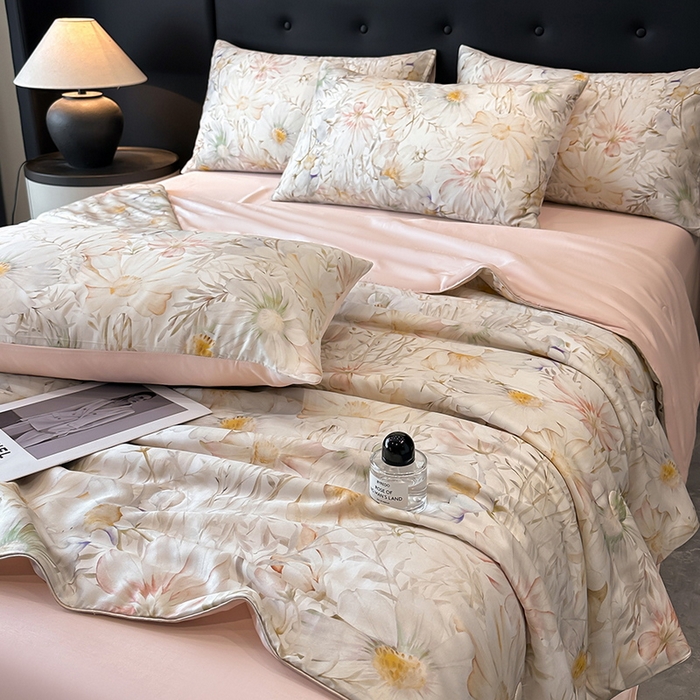 91家纺网 家纺一手货源 找家纺 慕晨 2025新款莱赛尔天丝数码印花四件套莱赛尔夏被四件套天丝夏凉被直播热款夏被被子被芯 芷韵 玉