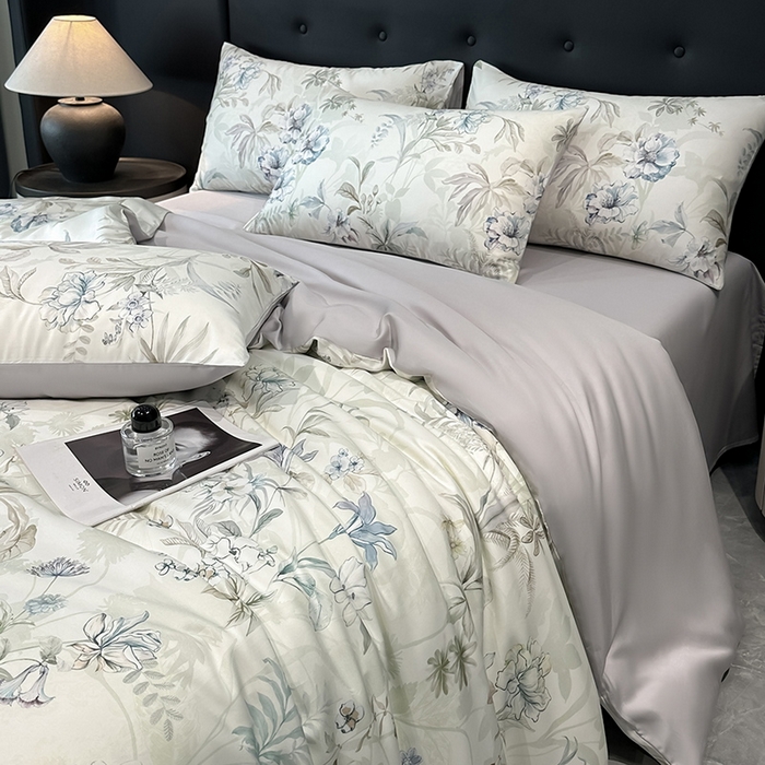 91家纺网 家纺一手货源 找家纺 慕晨 2025新款莱赛尔天丝数码印花四件套莱赛尔夏被四件套天丝夏凉被直播热款四件套 寻光 浅绿