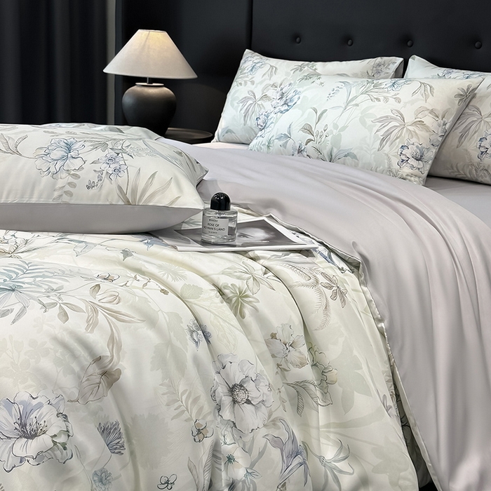 91家纺网 家纺一手货源 找家纺 慕晨 2025新款莱赛尔天丝数码印花四件套莱赛尔夏被四件套天丝夏凉被直播热款四件套 寻光 浅绿