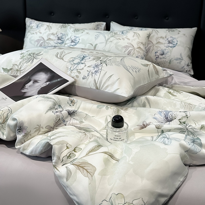 91家纺网 家纺一手货源 找家纺 慕晨 2025新款莱赛尔天丝数码印花四件套莱赛尔夏被四件套天丝夏凉被直播热款四件套 寻光 浅绿