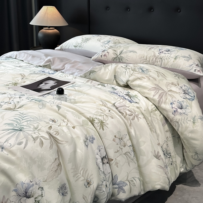 91家纺网 家纺一手货源 找家纺 慕晨 2025新款莱赛尔天丝数码印花四件套莱赛尔夏被四件套天丝夏凉被直播热款四件套 寻光 浅绿