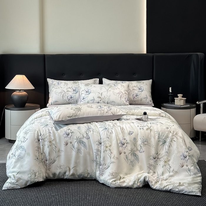 91家纺网 家纺一手货源 找家纺 慕晨 2025新款莱赛尔天丝数码印花四件套莱赛尔夏被四件套天丝夏凉被直播热款四件套 寻光 浅绿