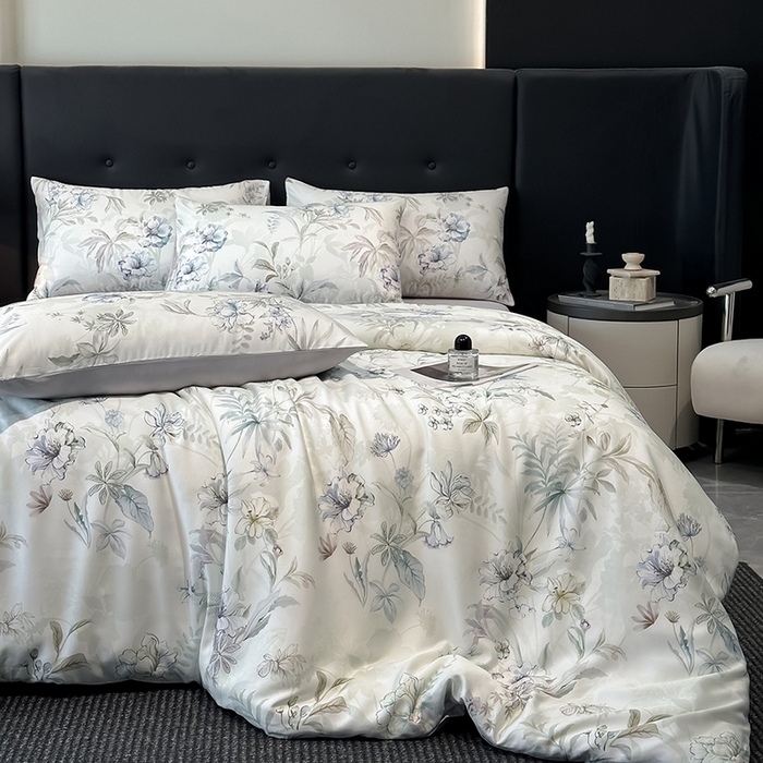 91家纺网 家纺一手货源 找家纺 慕晨 2025新款莱赛尔天丝数码印花四件套莱赛尔夏被四件套天丝夏凉被直播热款四件套 寻光 浅绿