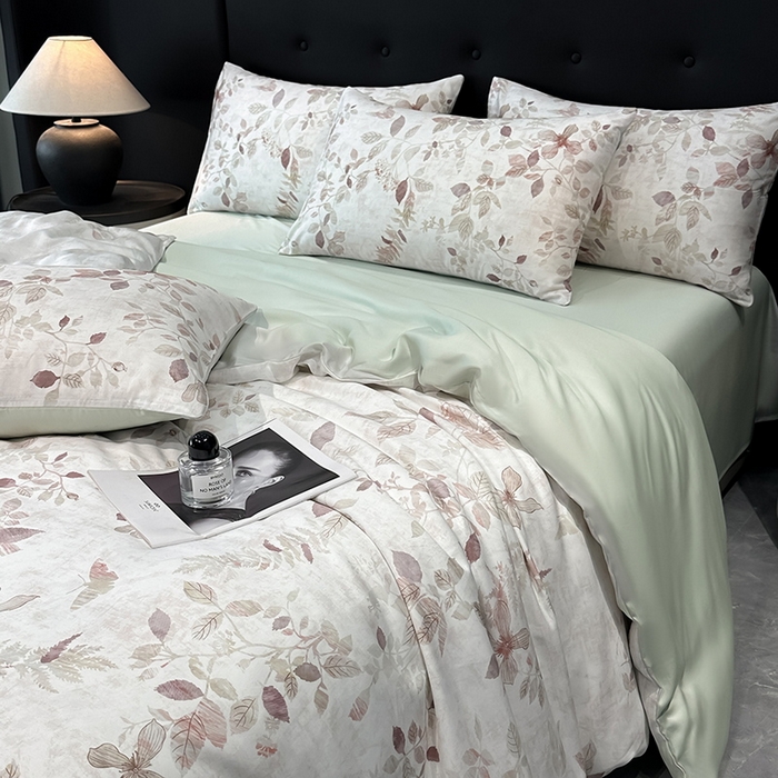 91家纺网 家纺一手货源 找家纺 慕晨 2025新款莱赛尔天丝数码印花四件套莱赛尔夏被四件套天丝夏凉被直播热款四件套 藏幽 绿